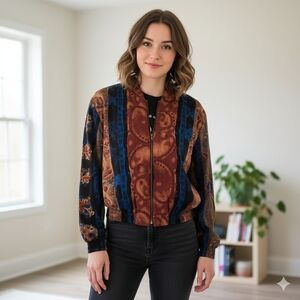 Vintage Kensington Square Paisley Bomber Jacket Size P/M Blue And Brown